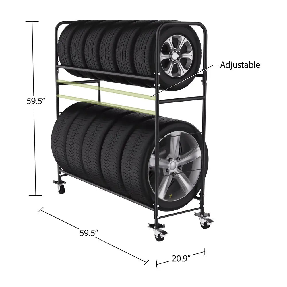 AA 12 Tires Two Tier Adjustable Height Tire Rack with Caster Wheels & Cover – Heavy Duty Storage Solution for Garages, Warehouses, and Auto Shops