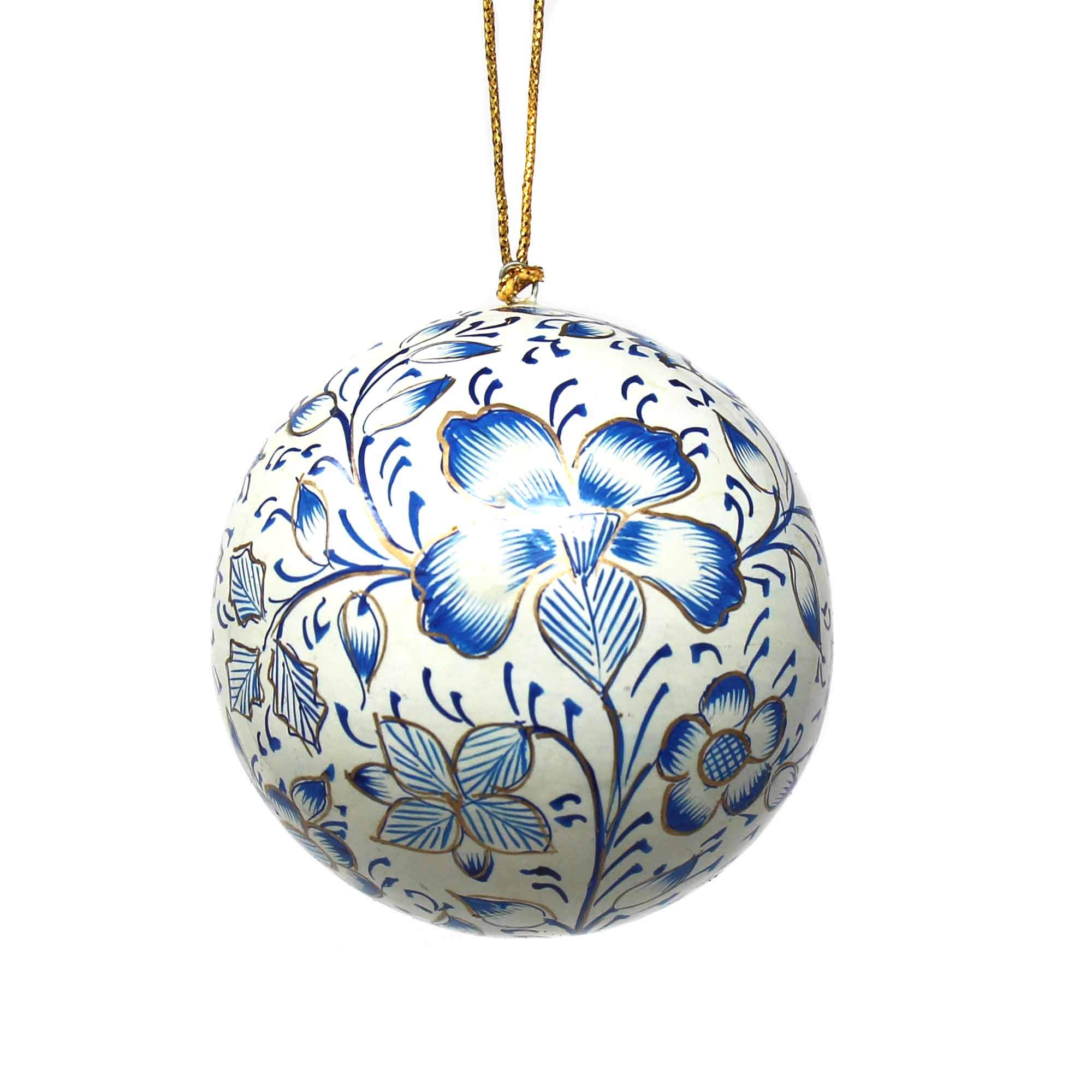 Handmade Recycled Paper Mache Christmas Ornaments - Blue Floral Design - Eco-Friendly Holiday Decor - Set of 3 - Perfect for Tree Decorating, Gift Giving & Festive Home Decor