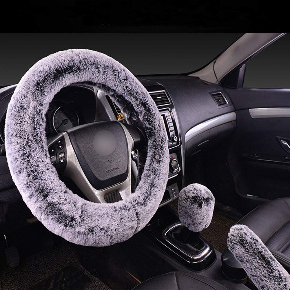SHIAWASENA 3-Piece Warm Faux Wool Steering Wheel Cover Set with Handbrake & Gear Shift Covers - Black & Gray - Soft Winter Car Accessories for Cold Weather Driving Comfort