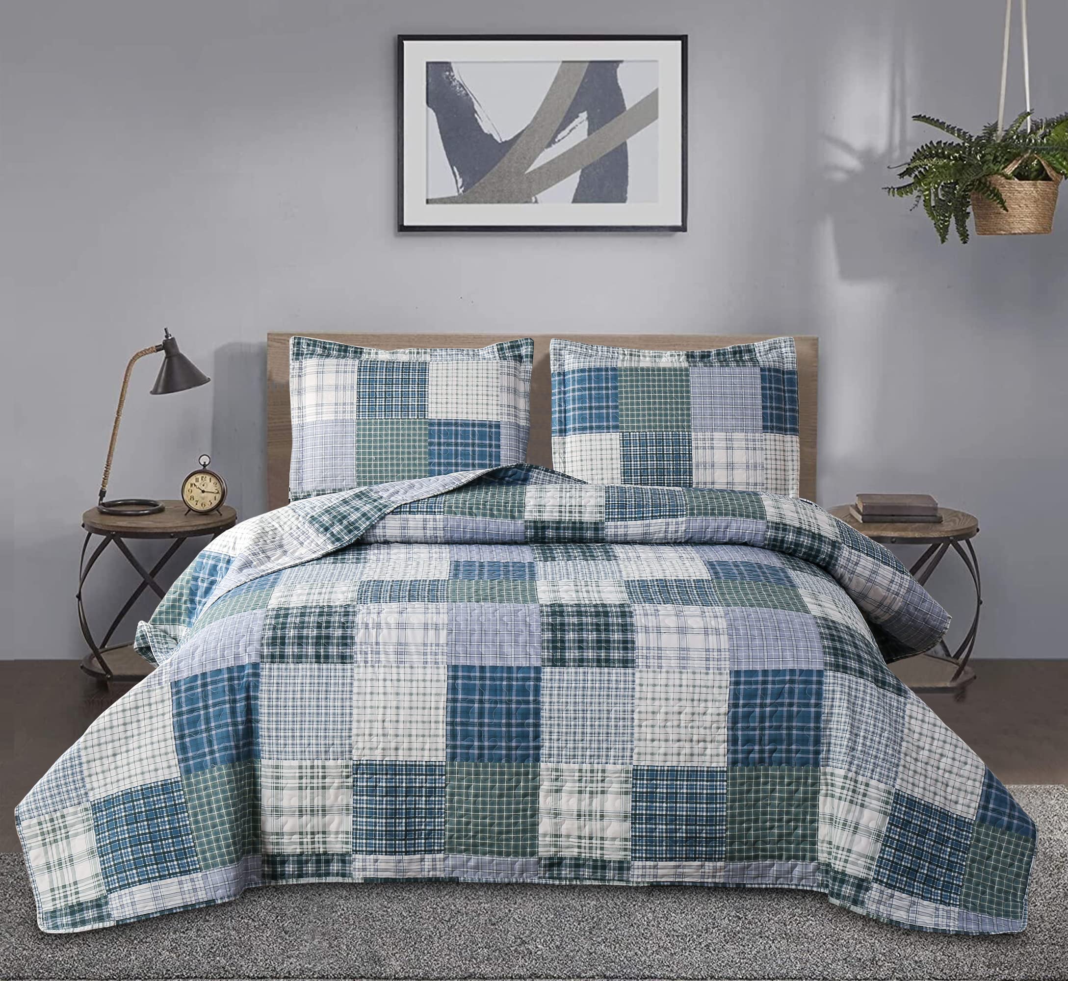 **Twin Size Plaid Reversible Quilt Set - Soft Lightweight Patchwork Bedspread Coverlet with 2 Pillow Shams for Boys & Men | Modern Home Bedding for Cozy Comfort & Stylish Decor**