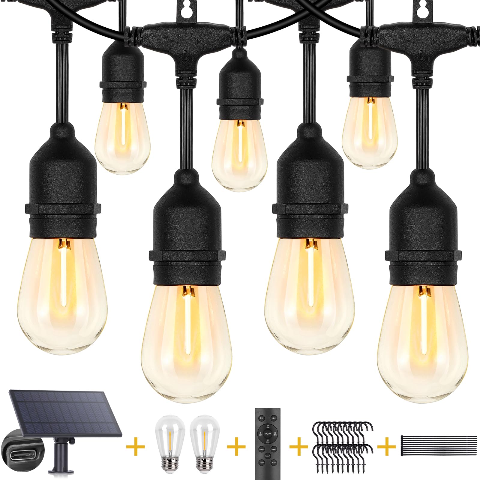 ZJOJO 100FT Solar Powered Outdoor String Lights with 30+2 Shatterproof LED Bulbs, IP65 Waterproof Solar Lights for Patio, Garden & Backyard Decor - USB Charging Port & Solar Panel for Party, Wedding & Holiday Lighting
