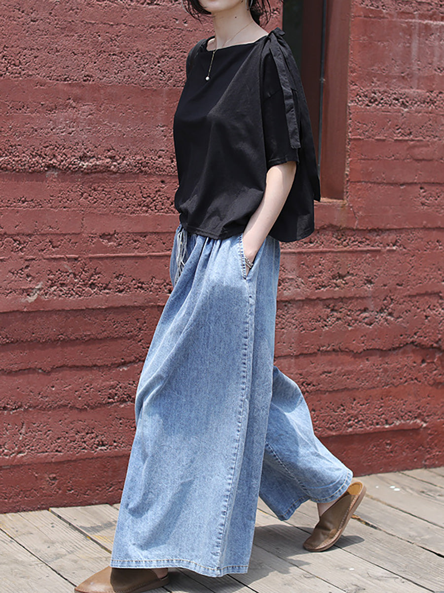 Plus Size Casual Drawstring Blue Denim Wide Leg Pants Jeans for Women - Comfortable Stretch High Waist Trousers for Everyday Wear, Work & Travel