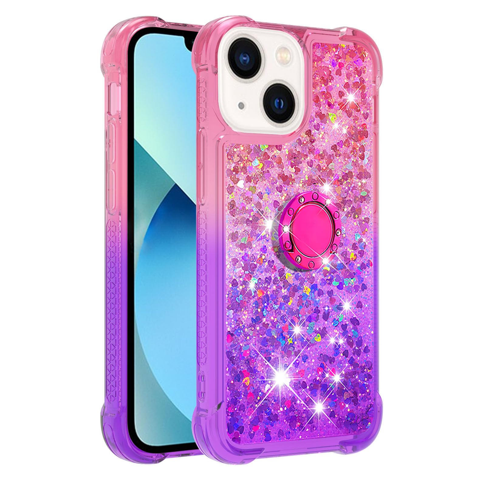 Sparkly Glitter Phone Case for Apple iPhone 15 Plus - Bling Gradient Quicksand TPU Cover with Ring Stand (Pink Purple) | Protective & Stylish Case for Women Girls | Perfect for Everyday Use, Parties & Gifting