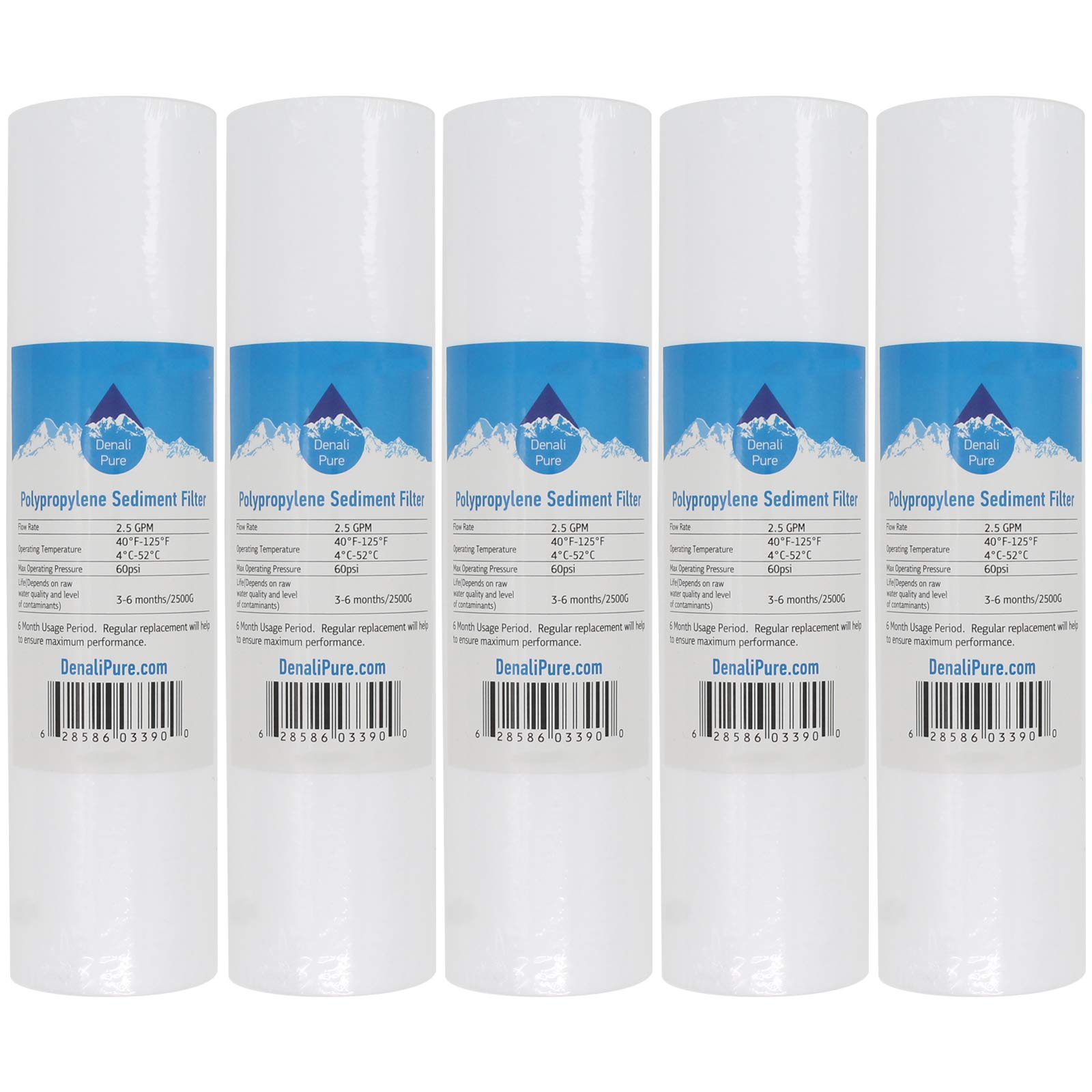 5-Pack 10-Inch 5-Micron Polypropylene Sediment Filter Cartridges - Compatible with Krystal Pure KR10 Reverse Osmosis System - Universal Replacement for KR10 PP Filters - Denali Pure Brand - Perfect for Home Water Filtration, RV & Camping Use