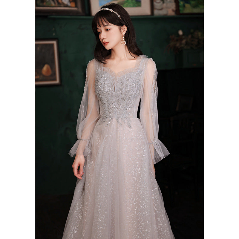 Elegant Gray Tulle Fairy Dress for Girls - Sweet Formal Party Gown with Long Sleeves - Perfect for Evening Dresses, Prom, Pageants & Special Occasions