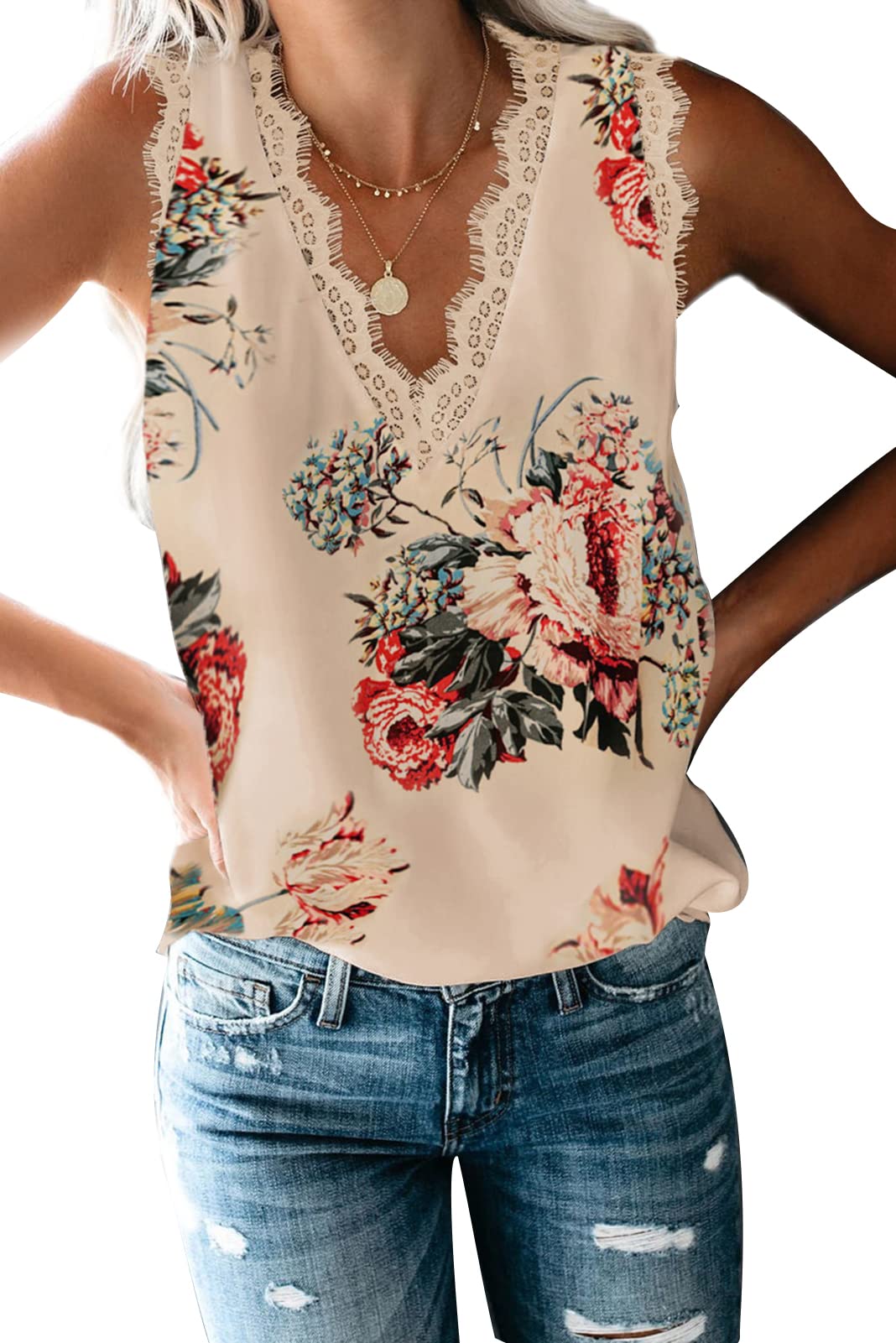 HongHe Women's Summer Solid Color V-Neck Lace Trim Tank Top - Casual Loose Sleeveless Blouse for Beach, Travel & Daily Wear (Size S, Color B)