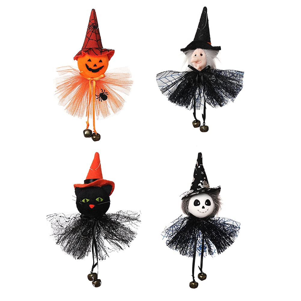 LUOZZY 4Pcs Halloween Pumpkin Doll with Bells - Spooky Witch Ghost Hanging Decorations for Halloween Party, Home, Yard & Porch Decor