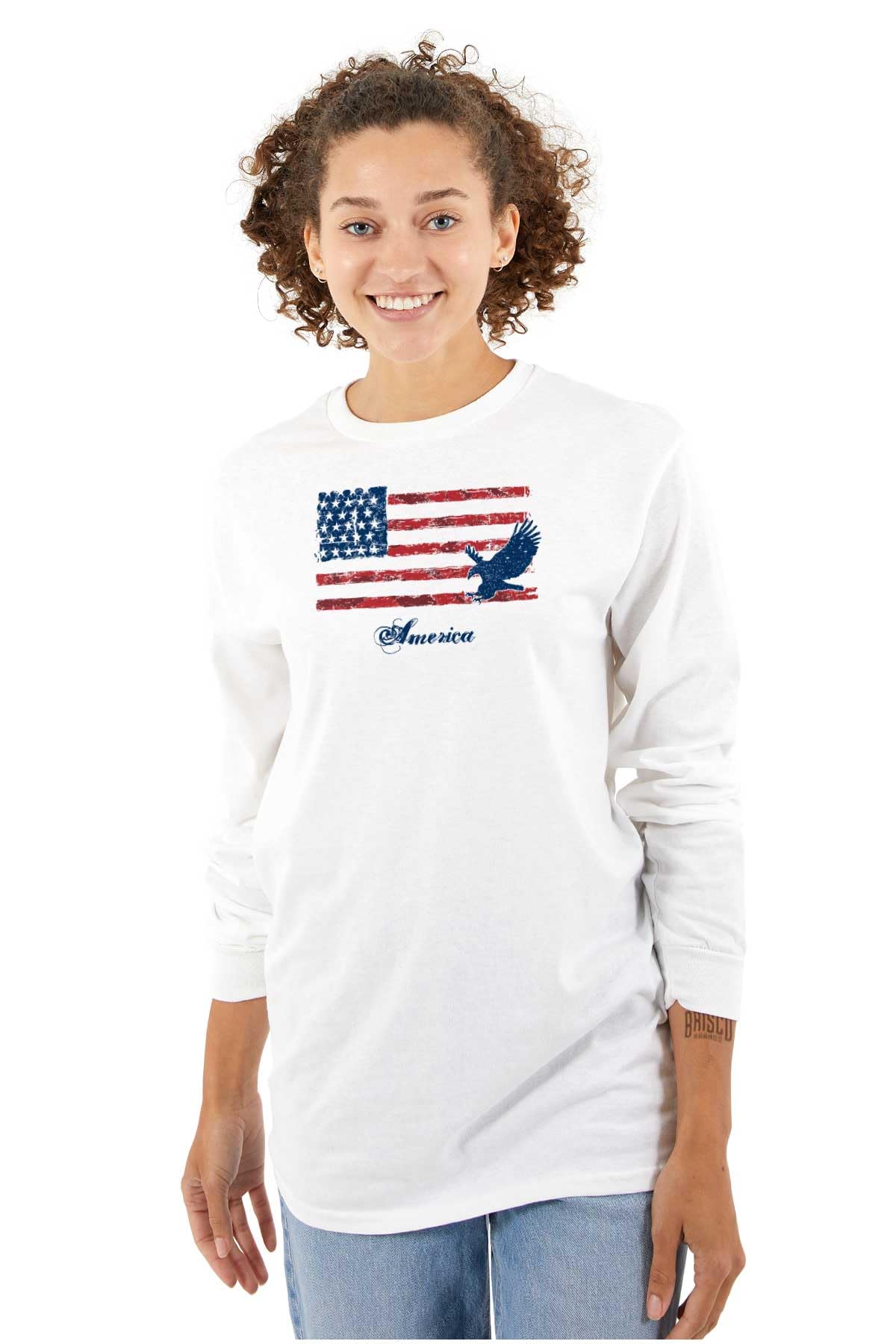 Patriotic American Flag & Eagle Long Sleeve T-Shirt for Men & Women - Durable Comfort Wear for Outdoor Activities, Casual Style & 4th of July Celebrations