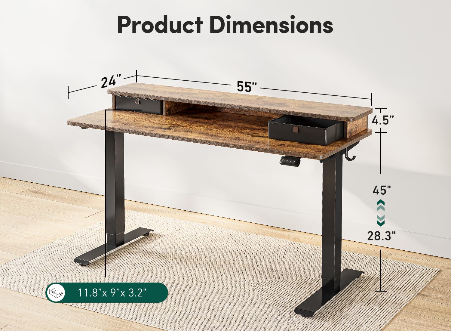 FEZIBO 55 x 24 Inch Electric Standing Desk with Double Drawers & Storage Shelf - Height Adjustable Sit Stand Workstation, Black Frame & Rustic Brown Top for Home Office, Gaming & Study