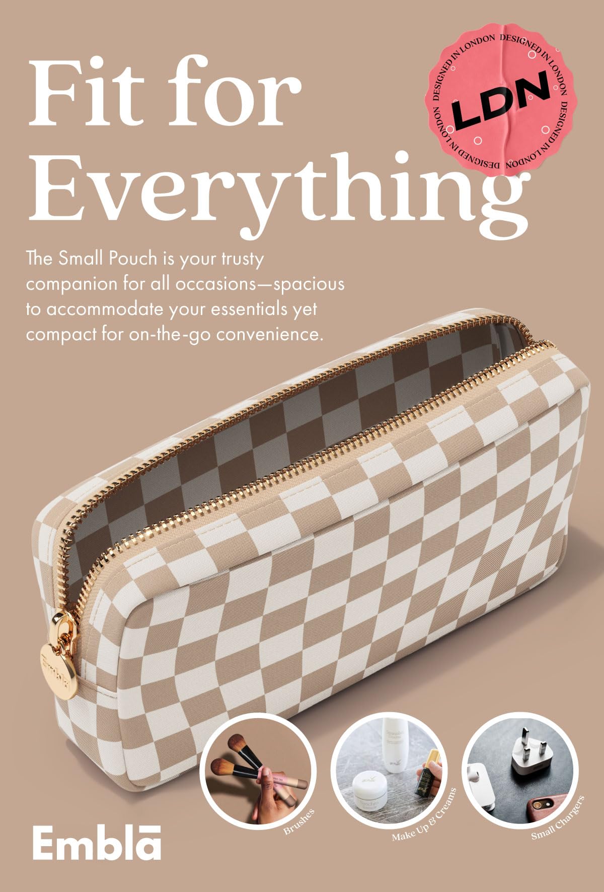 Stylish Nylon Makeup Bag for Women & Girls - Travel Cosmetics Pouch with Zipper, Cute Toiletry Organizer for Skincare & Makeup Storage - Perfect for Travel, Gym, and Daily Use - Sand Checkered Design