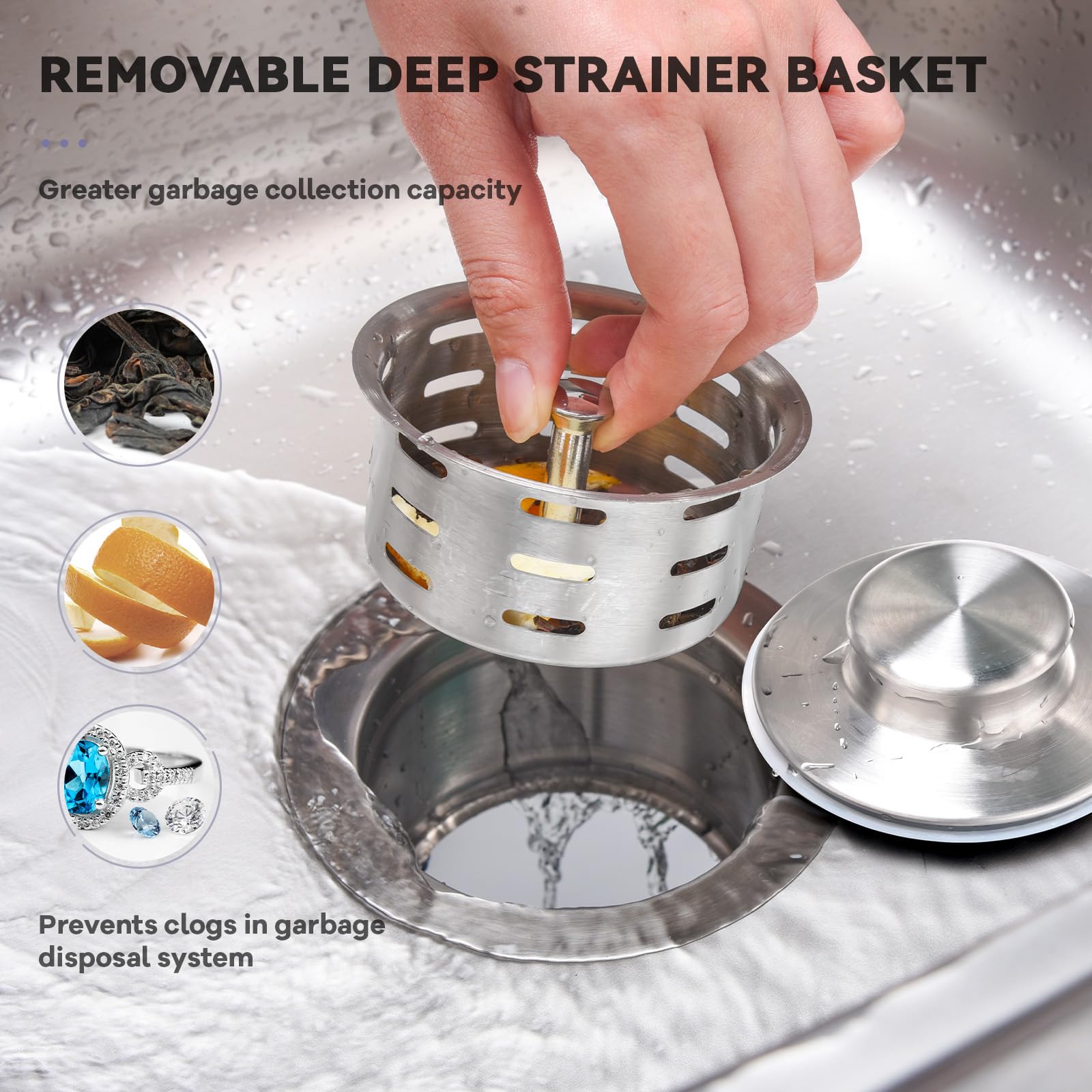 KONE Extended Garbage Disposal Flange with Strainer & Stopper - 304 Stainless Steel Kitchen Sink Flange for 3-1/2