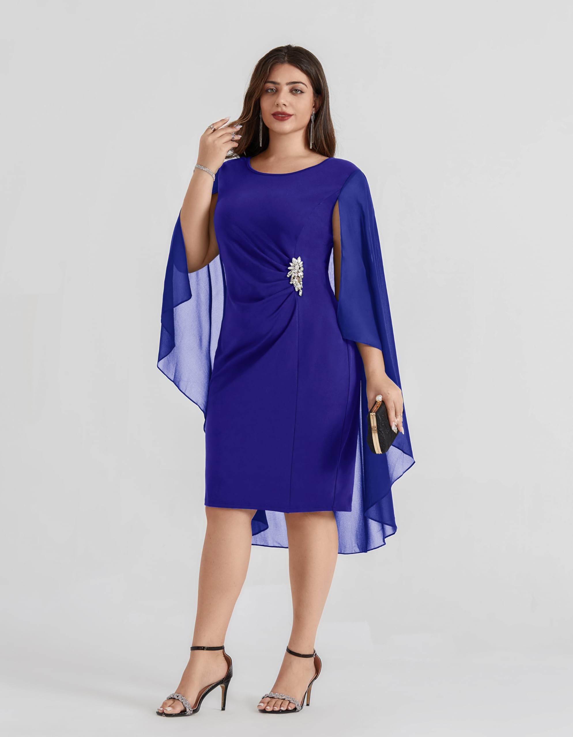 Hanna Nikole Women's Plus Size Chiffon Cape Dress - Crew Neck Ruched Bodycon Cocktail Pencil Dress for Wedding Guest, Party & Special Occasions