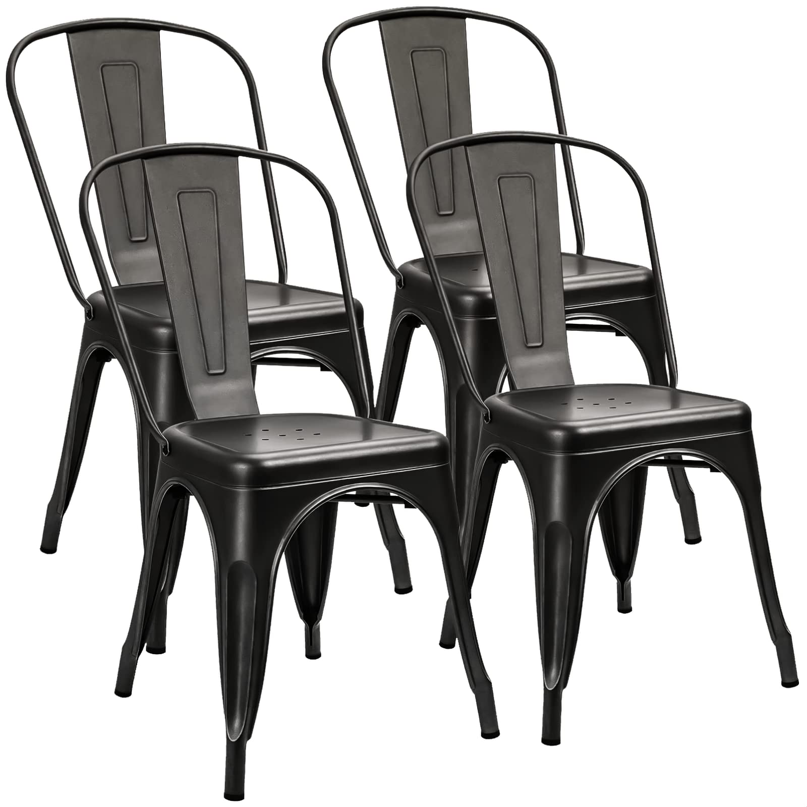 **Furniwell 4-Pack Stackable Metal Dining Chairs - Indoor & Outdoor Use, Industrial Tolix Style for Kitchen, Dining Room, Bistro, Cafe - Perfect for Home, Restaurant & Patio (Black)**