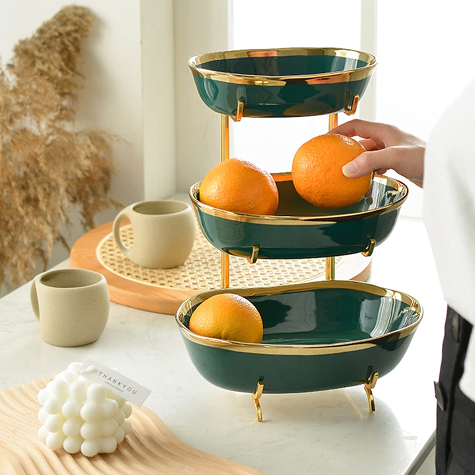 3-Tier Fruit Basket - Creative Multilayer Serving Tray for Living Room Decor, Chinese Snack Plate & Candy Dish - Green | Perfect for Parties, Home Decor & Office Reception Desk