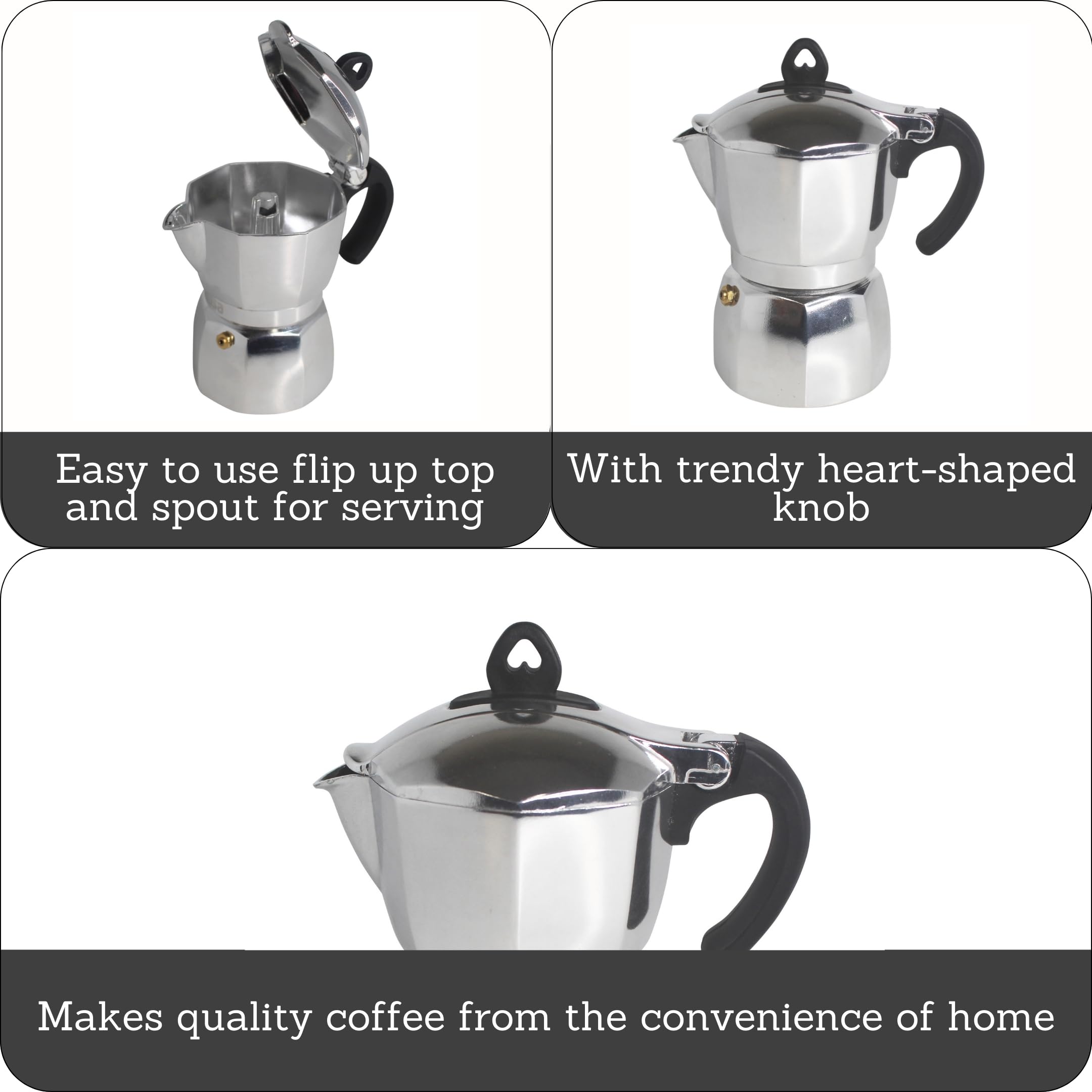 Imusa 3 Cup Stovetop Espresso Maker with Heart Shaped Knob - Silver Italian Coffee Maker for Home & Office - Perfect for Espresso, Cappuccino & Latte