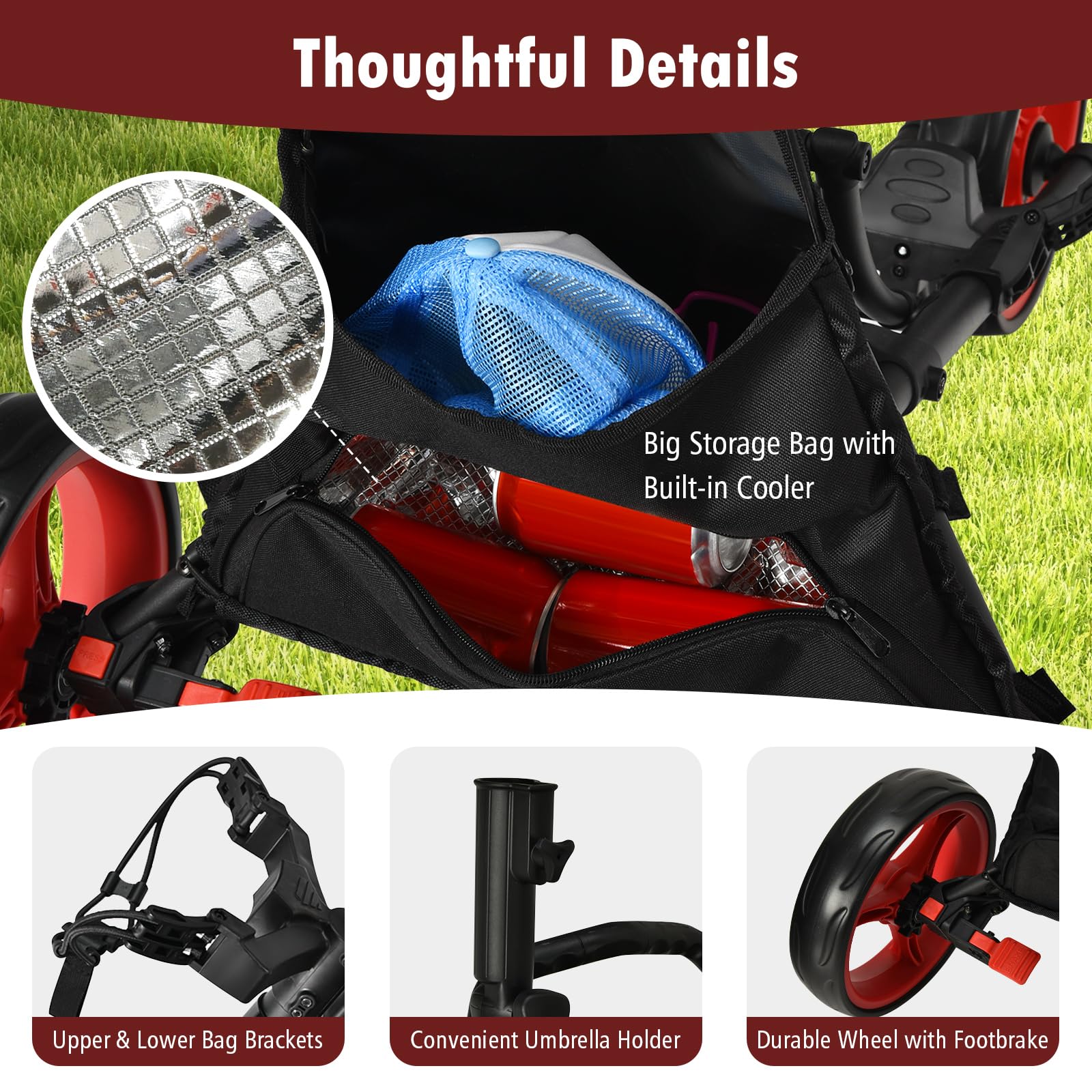 Ultimate 3 Wheel Golf Push Cart - Lightweight Aluminum Folding Golf Caddy with Elastic Strap, Umbrella Holder & Cup Holder | Adjustable Handle, Foot Brake & Scoreboard Storage | Insulated Cooler Bag | Perfect for Walking Golfers & Course Convenience