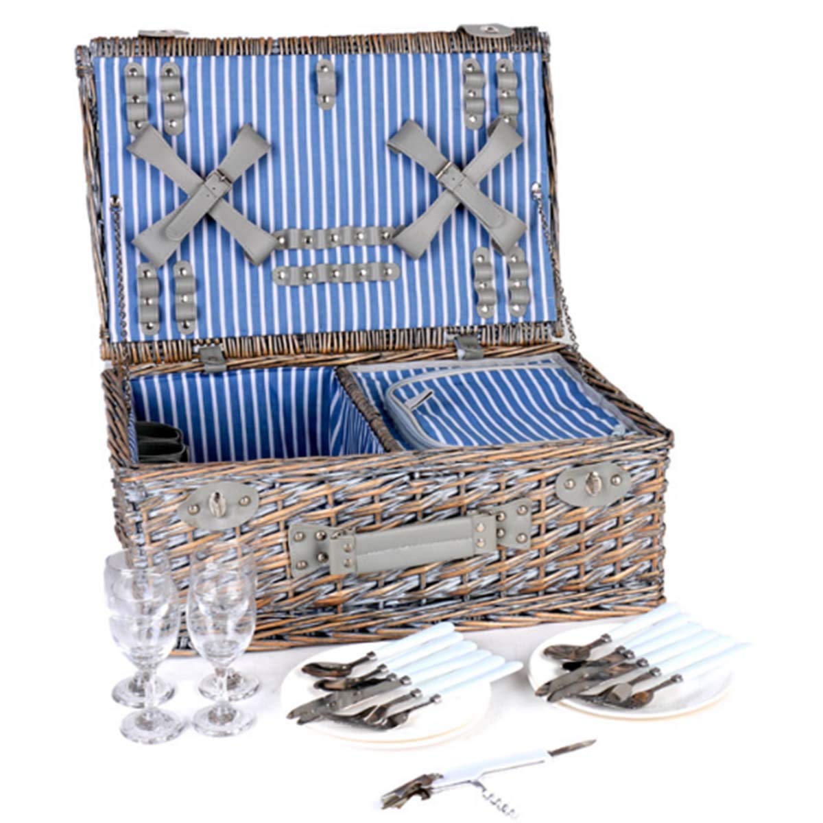 4-Person Picnic Basket Set with Cutlery & Lid - Woven Wicker Outdoor Picnic Basket for Parties, Birthdays, Weddings & Retirement Celebrations - Perfect for Park Outings, Beach Trips & Outdoor Gatherings