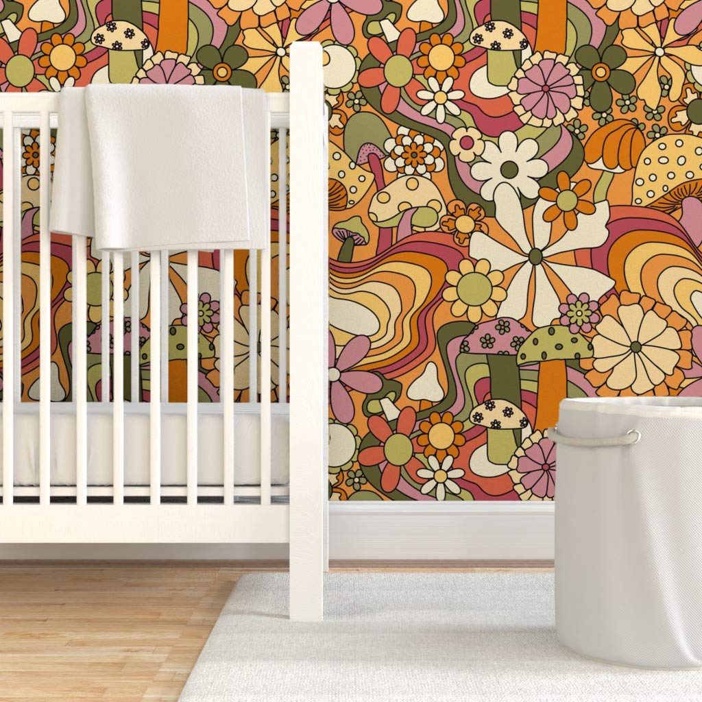 12ft x 2ft Removable Peel & Stick Wallpaper - Groovy Mushroom Garden Design | Self-Adhesive Wall Decor for Bedroom, Nursery & Living Room | Easy DIY Home Renovation by Spoonflower