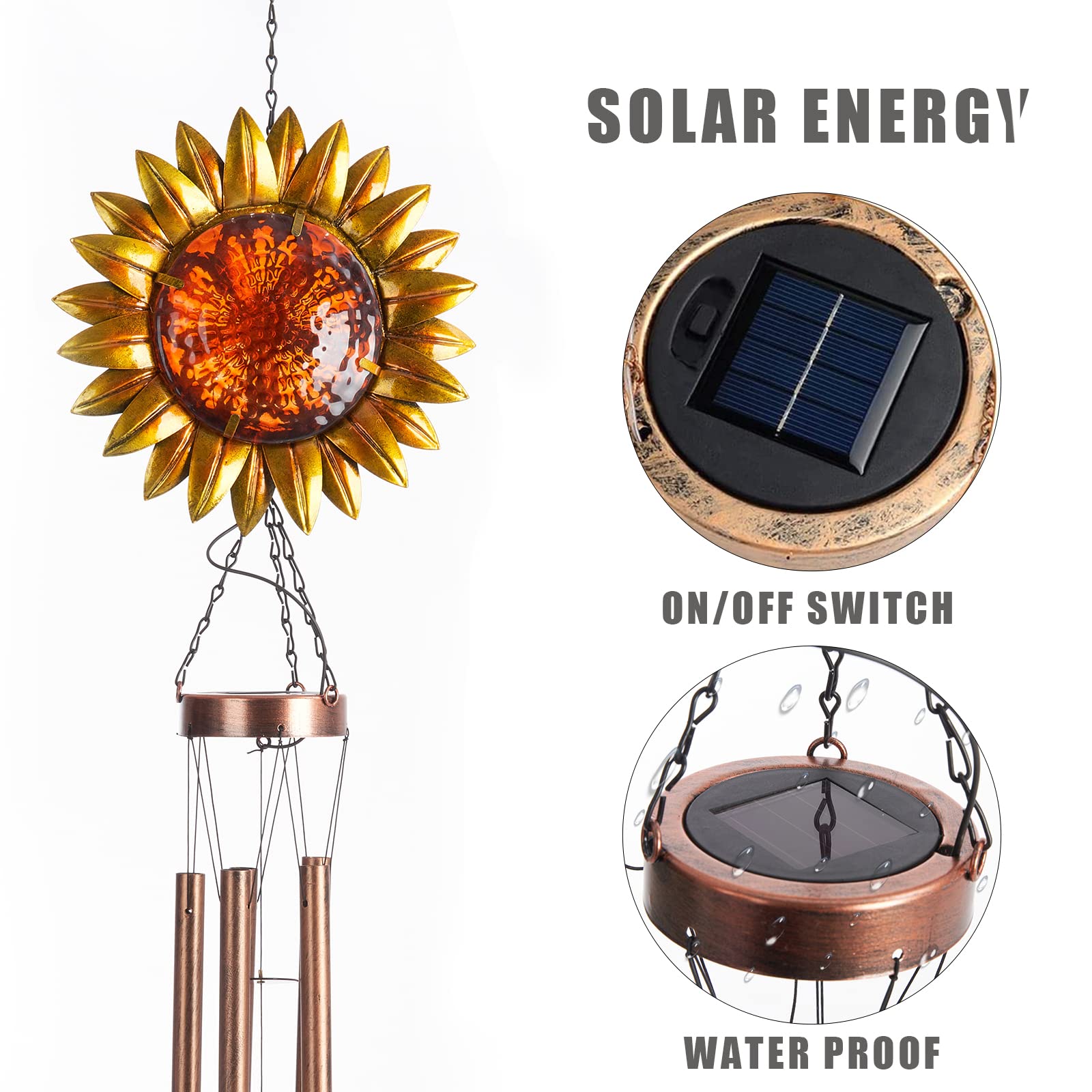 Solar Powered LED Sunflower Wind Chimes - Waterproof Outdoor Hanging Decor with Warm Lights for Garden, Patio, Lawn - Unique Gift for Wife, Mom, Grandma & Neighbors - Perfect for Evening Relaxation & Backyard Ambiance