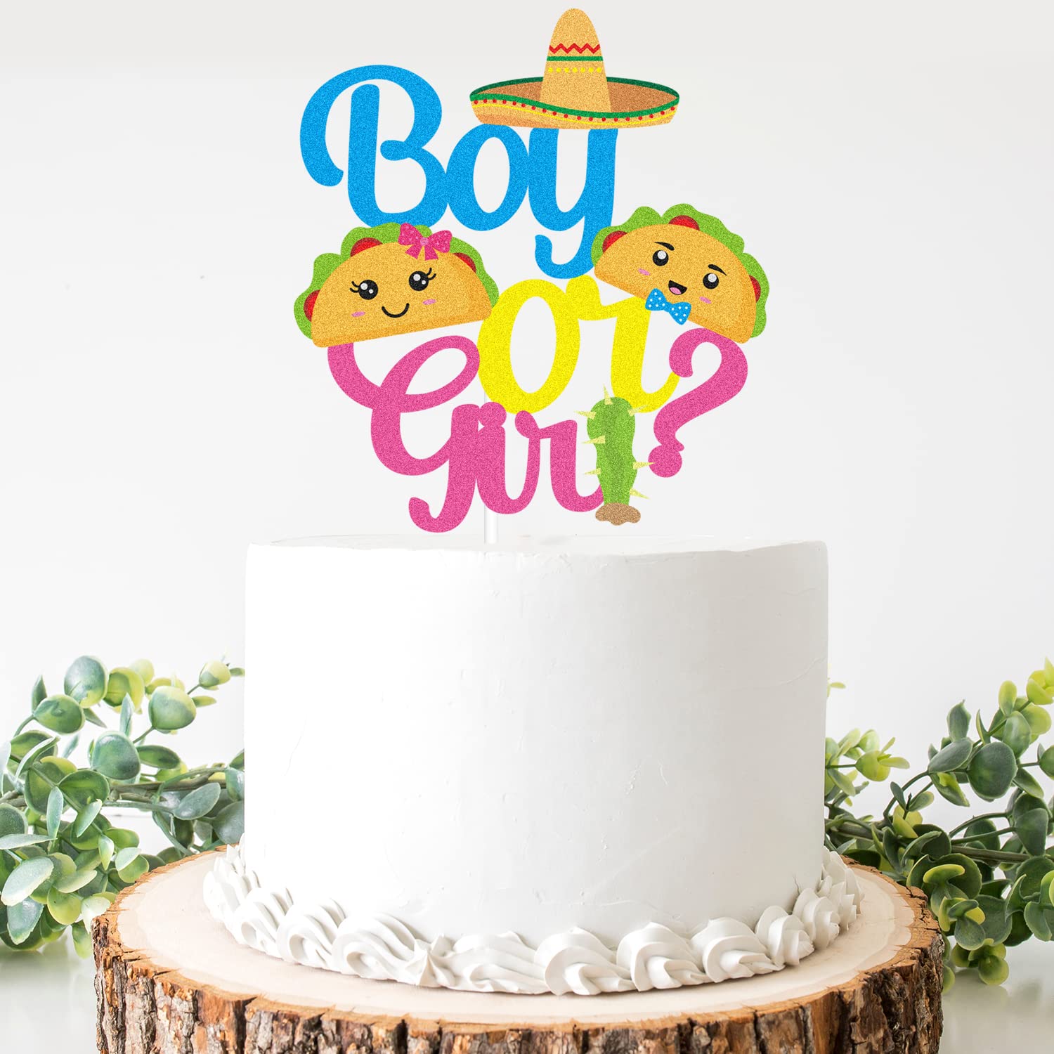 Fiesta Taco Gender Reveal Cake Topper - Glitter Cute Baby Boy or Girl Birthday Party Decoration - Pink & Blue Baby Shower Supplies for Gender Reveal Parties, Birthdays & Celebrations