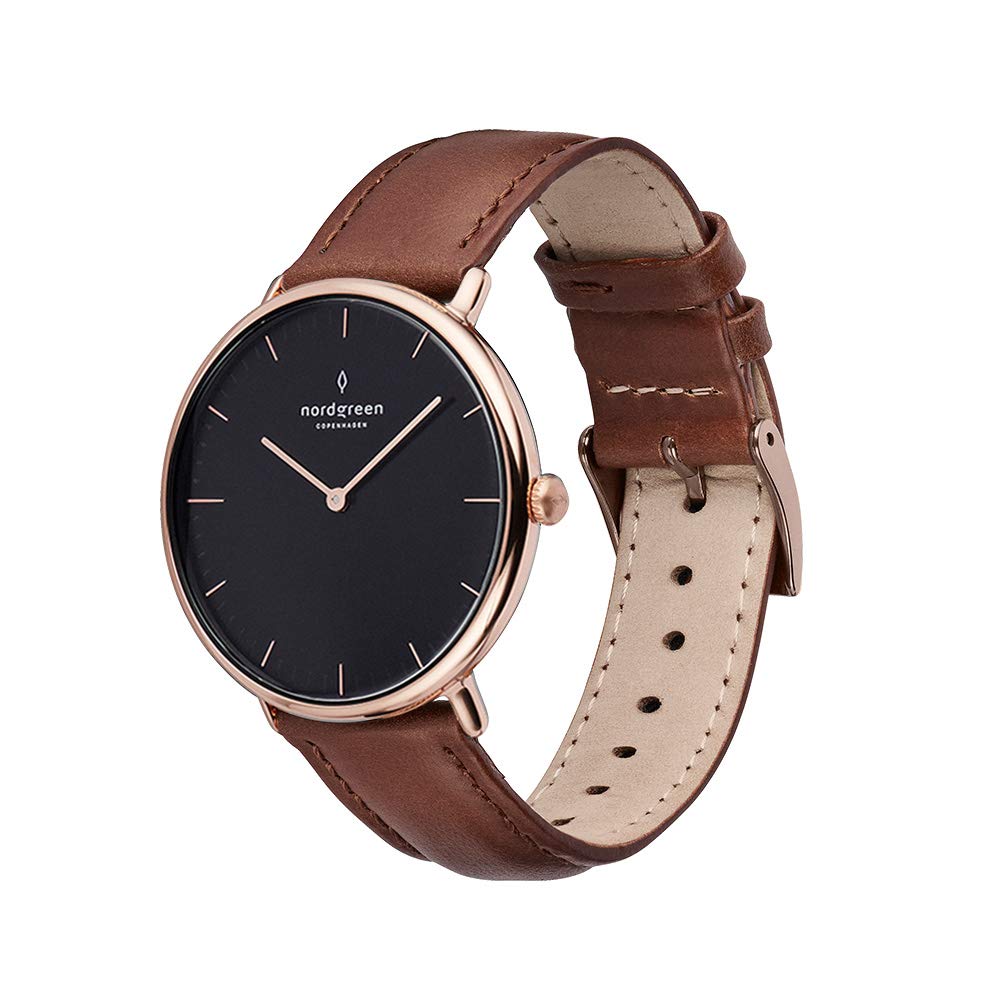 Nordgreen Native Scandinavian Rose Gold Watch for Women - Black Dial, Interchangeable Leather & Mesh Straps - Minimalist Dress Watch for Office, Date Night & Special Occasions