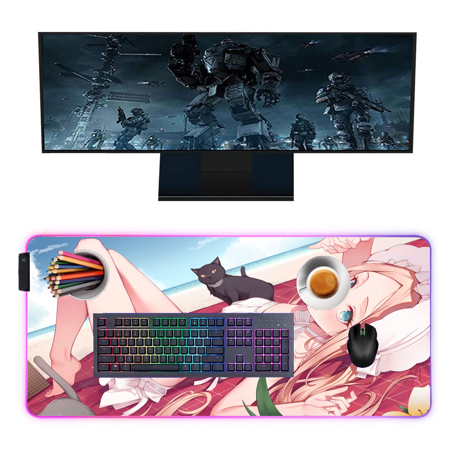 Large RGB Gaming Mouse Pad with LED Lights - 27.55 x 12 Inch Non-Slip Edge, Soft Surface for PC/Laptop - Anime Girl Design for Gamers & Office Use