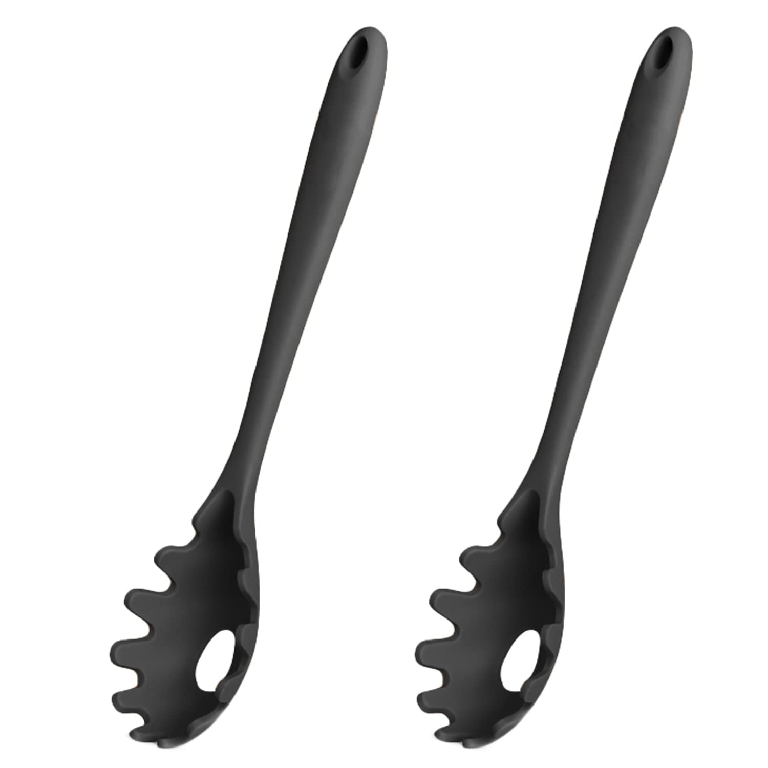 2-Pack Black Silicone Pasta Forks - Long Handle Noodle Spoon & Egg Colander Set, Food Grade Kitchen Utensils for Cooking, Serving Pasta, Salad, and Boiled Eggs