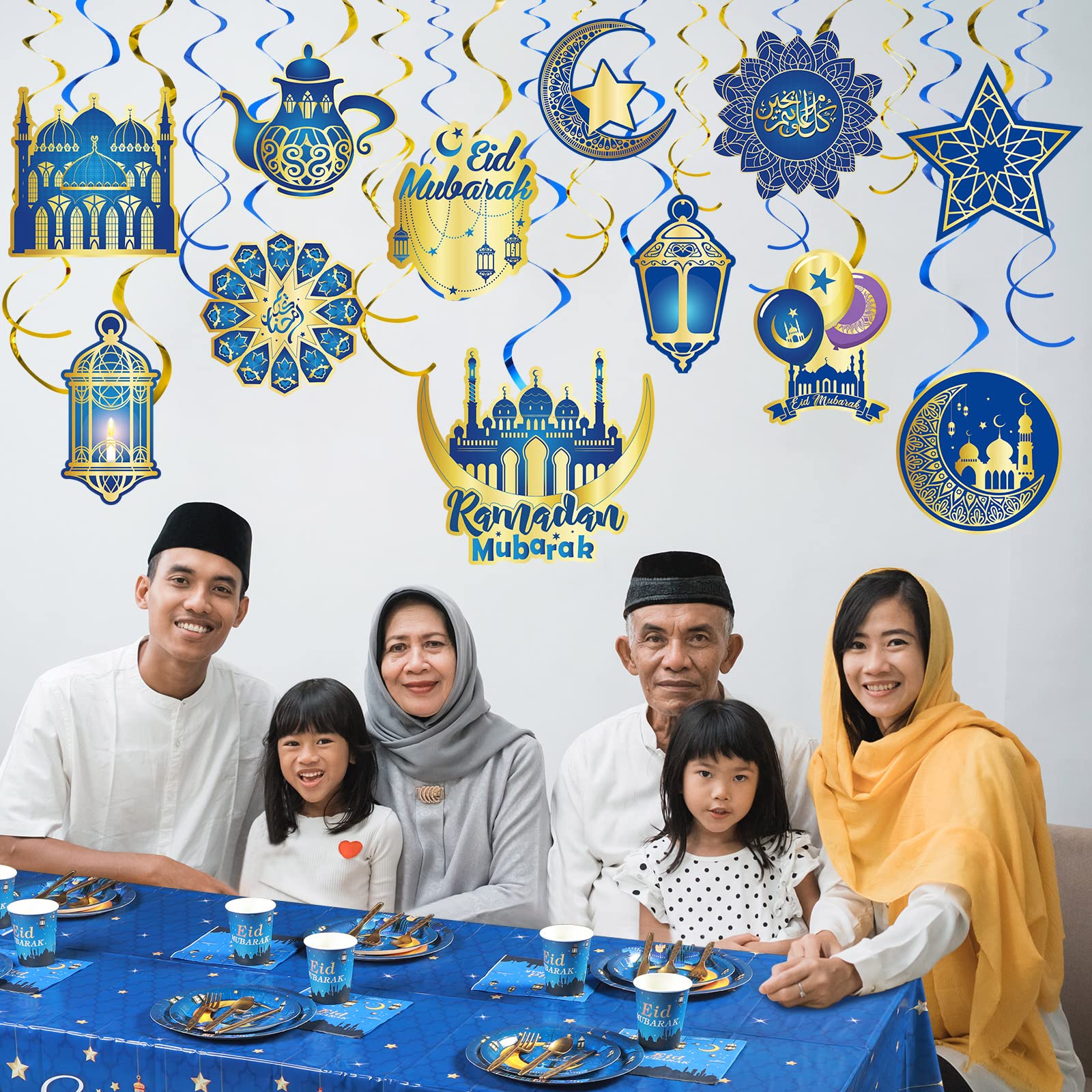 Eid Mubarak Party Supplies Set - 24-Piece Ramadan Tableware Kit with Plates, Napkins, Cups, Cutlery, Banner & Tablecloths - Blue Muslim Celebration Decor for Iftar Dinners & Family Gatherings