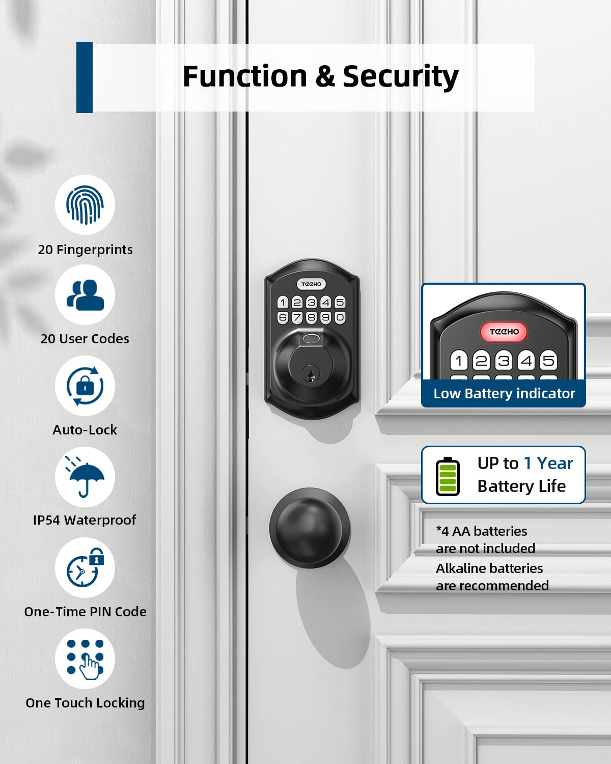 TEEHO Smart Fingerprint Keyless Entry Door Lock - Keypad Deadbolt with Handle - Auto Lock & Easy Installation - Matte Black - Secure Your Home & Office with Touchless Access