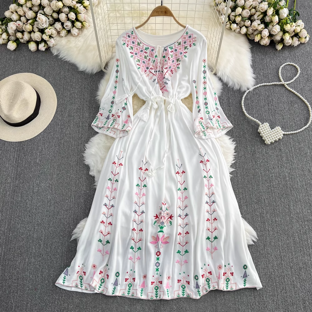 Bohemian V-Neck Embroidered Elegant A-Line Cotton Dress for Women | Summer Casual Boho Maxi Dress for Beach, Vacation & Outdoor Events