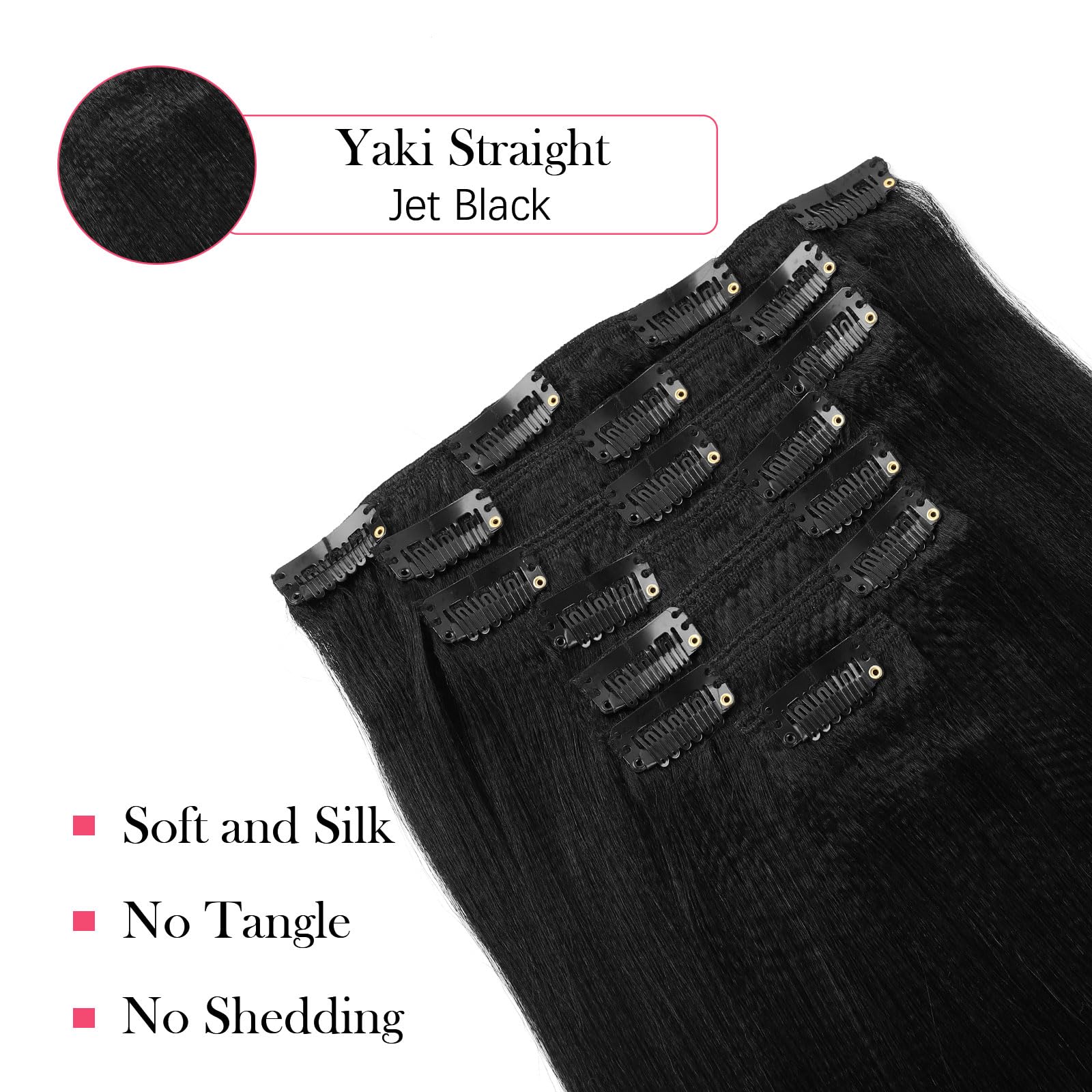 Sassina 22 Inch Yaki Clip-in Human Hair Extensions - Double Weft Remy Straight Hair for Black Women - 7 Pieces with 17 Clips (120g, Jet Black #1) - Perfect for Daily Styling, Parties & Special Occasions