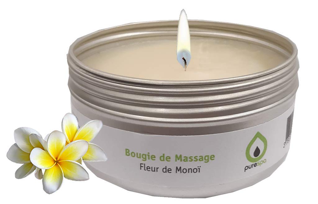 PureSpa Coffret Evasion - 3 Aromatherapy Massage Oils (Monoï, Tiaré, Coconut) + 1 Vegan Massage Candle | Relaxing Gift Set for Couples, Spa Day, Self-Care & Romantic Evenings