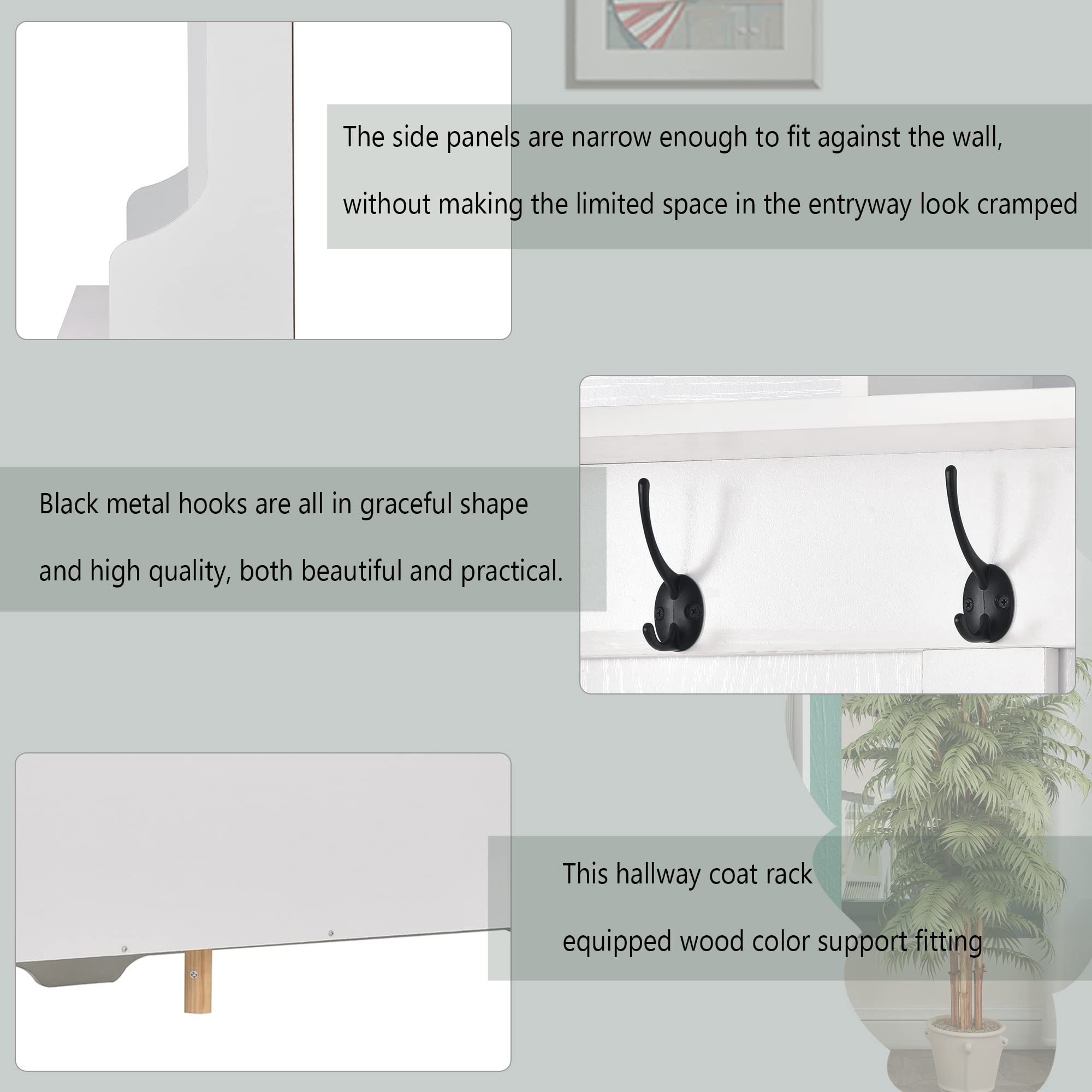 Polibi Hall Tree Storage Bench - Coat Rack with Black Metal Hooks, Entryway Bench with 24 Shoe Grids - White Entryway Organizer for Hallway, Living Room & Bedroom - Perfect for Small Space Organization & Home Decor