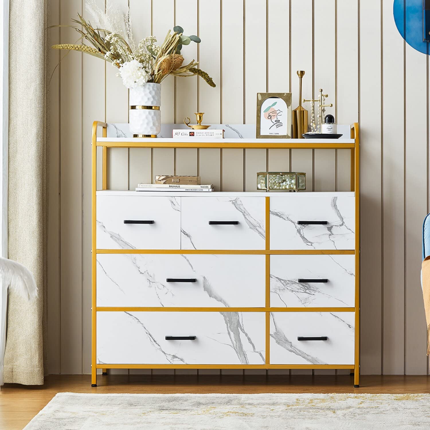 LINSY HOME 7-Drawer Fabric Dresser with Shelves - Sturdy Steel Frame & Wood Top - White - Perfect for Bedroom, Closet, Living Room & Entryway Storage Organization