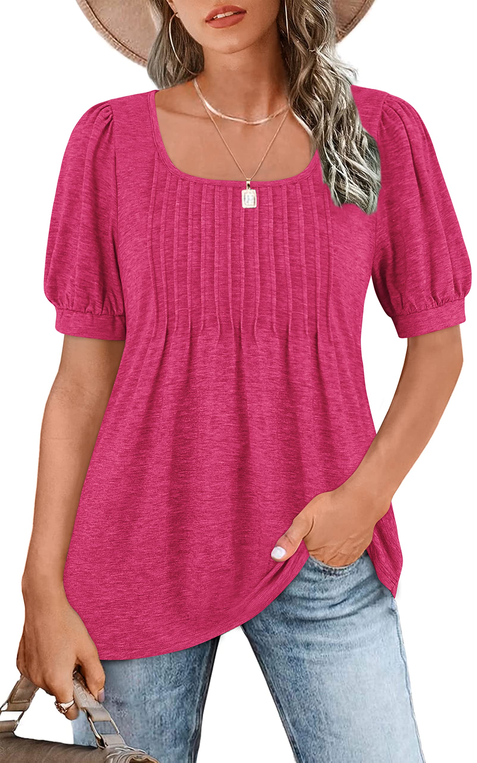 Zwurew Women's Summer Casual Puff Short Sleeve T-Shirt - Square Neck Pleated Flowy Tunic Top for Leggings (S-2XL) | Trendy Blouse for Outfits, Beach, Travel & Daily Wear