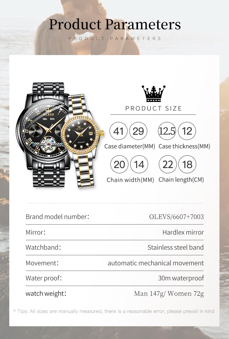 OLEVS Automatic Couple Watches Set - His and Hers Matching Romantic Wristwatches for Men & Women | Perfect for Anniversaries, Weddings, and Valentine's Day Gifts