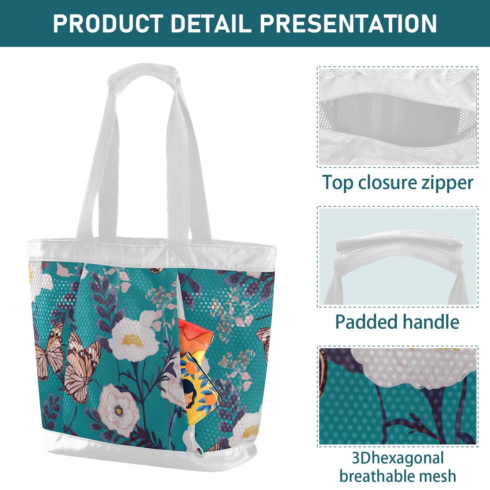 J JOYSAY Floral Blooming Flowers Mesh Beach Tote Bag - Large Waterproof & Sandproof Beach Bag for Women, Perfect for Pool, Gym, Sports, Travel & Summer Outings
