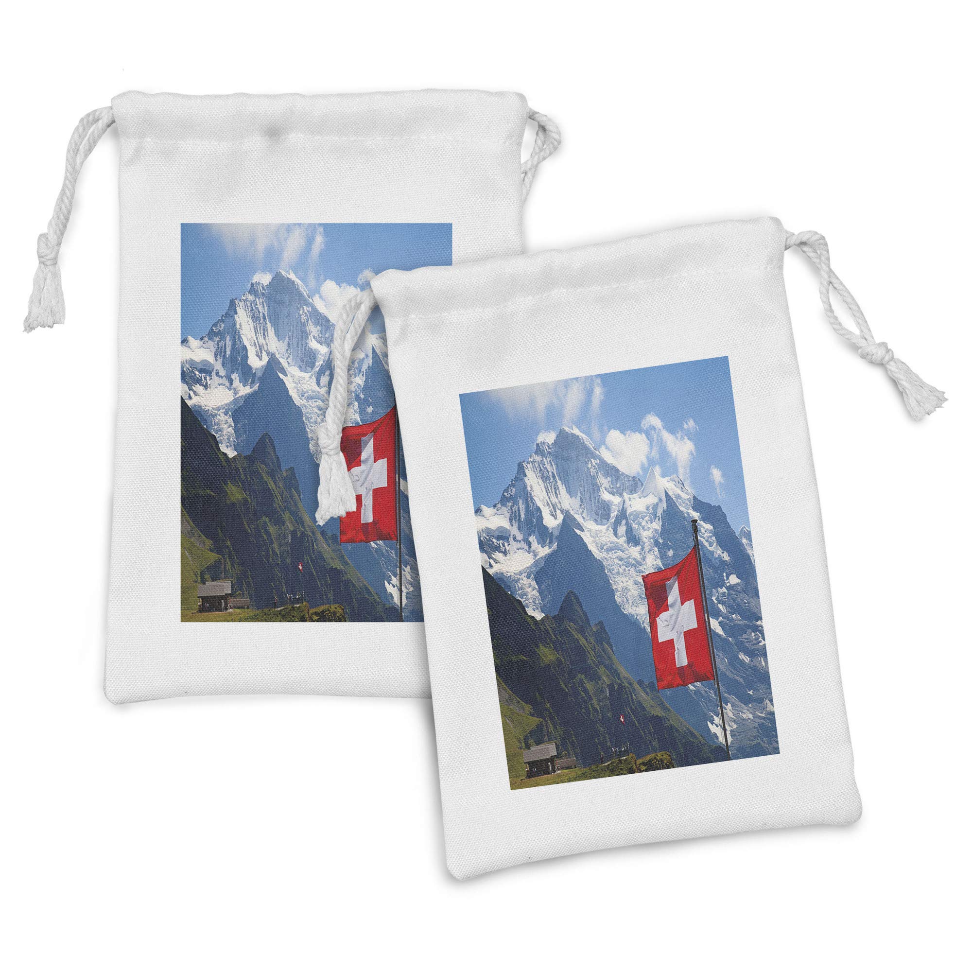 Ambesonne Switzerland Fabric Pouch Set of 2 - Swiss Alps Mountain Landscape with Snow & Flag Design, Small Drawstring Bags for Travel Toiletries, Makeup, Jewelry & Party Favors (9