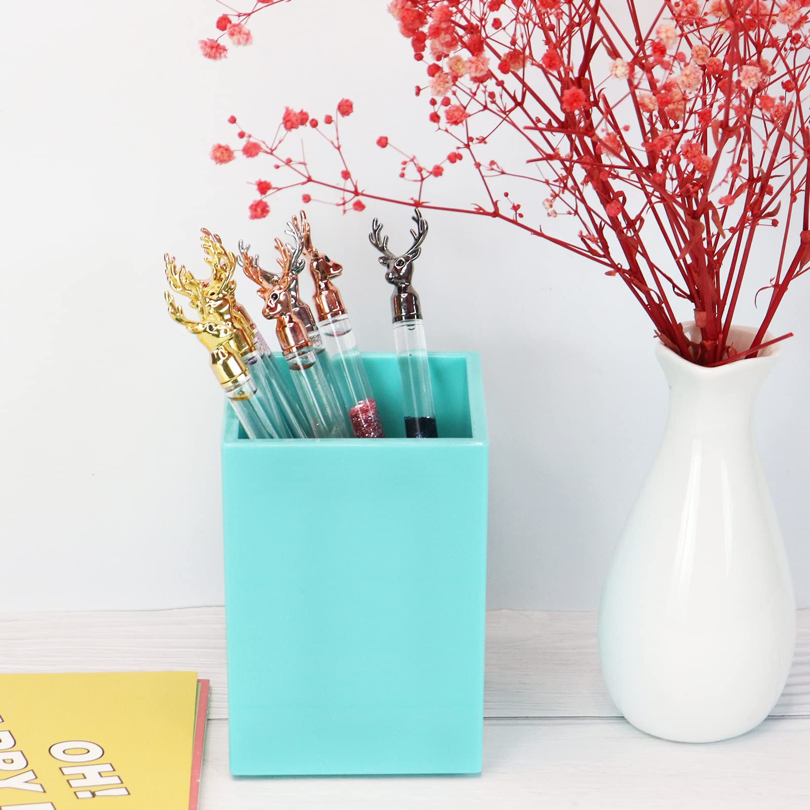 Koqye Acrylic Pen Holder - Teal Pencil Cup Organizer for Desk, Office & School | Decorative Makeup Brush Storage | Perfect for Home, Office & Classroom Organization (Teal)
