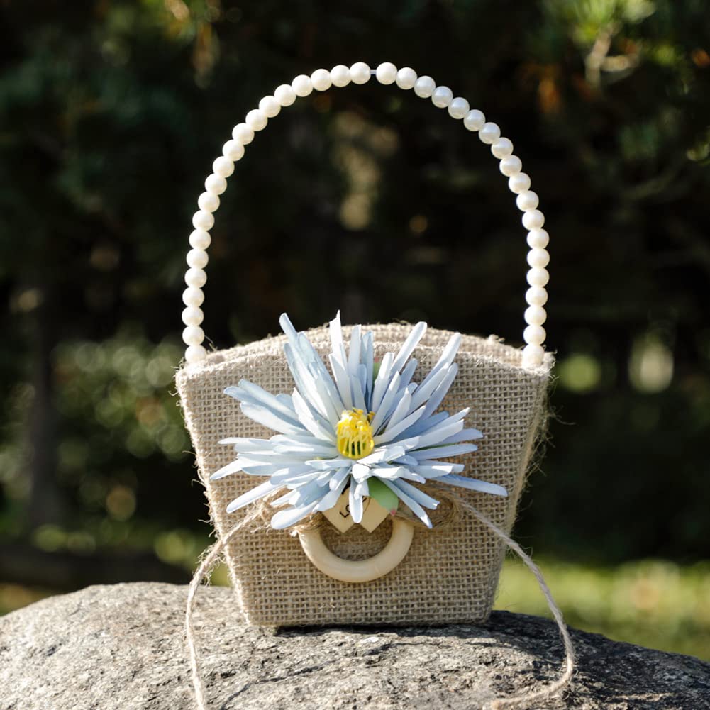 Vintage Jute Flower Girl Basket with Pearl Handle - Rustic Wedding Ceremony Accessory for Candy, Petals & Gifts - Perfect for Boho, Country & Farmhouse Weddings