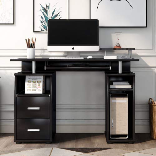 47 Inch Home Office Computer Desk with Hutch, 2 Drawers & Keyboard Tray - Black Study Writing Desk for Students & Professionals, PC Laptop Workstation with Elevated Shelf & Host Stand - Perfect for Small Spaces, Remote Work & Gaming Setup
