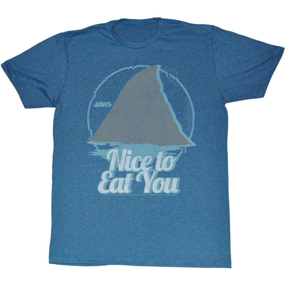JAWS Men's Funny Shark Movie T-Shirt - Pacific Blue Triblen Blend - Perfect for Beach, Summer & Movie Fans