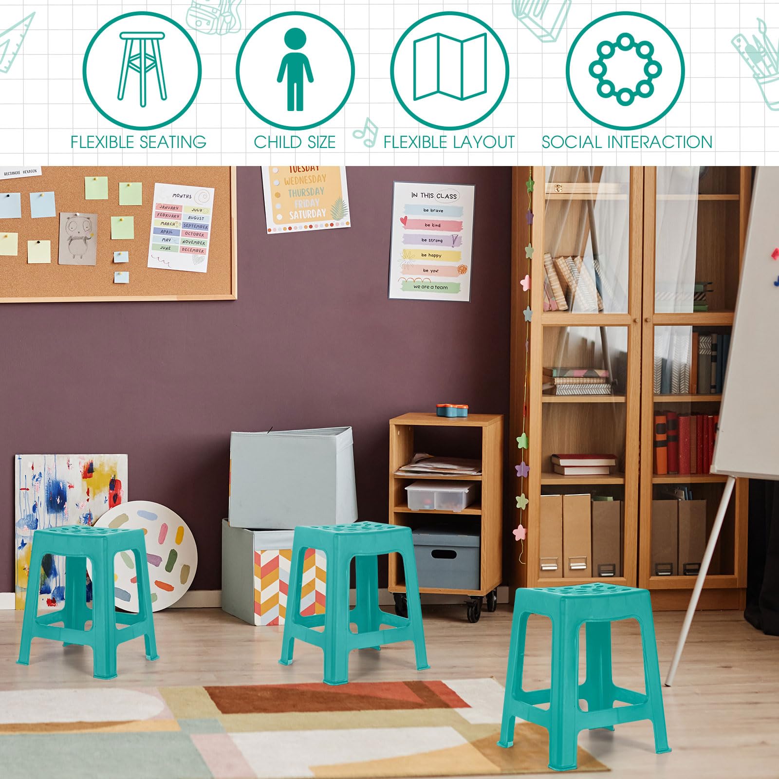 Leinuosen 6-Pack 18-Inch Lightweight Plastic Stackable Stools - Modern Decorative Seating for Classroom, School, Home Office & Shower (Teal) | Perfect for Kids, Students & Compact Spaces