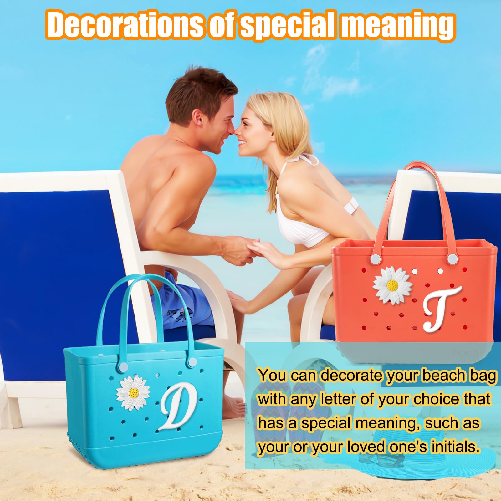 Bogg Bag Charms - 2pcs Letter & Flower Accessories for Beach Bags (T+Daisy) | Perfect for Summer Outings
