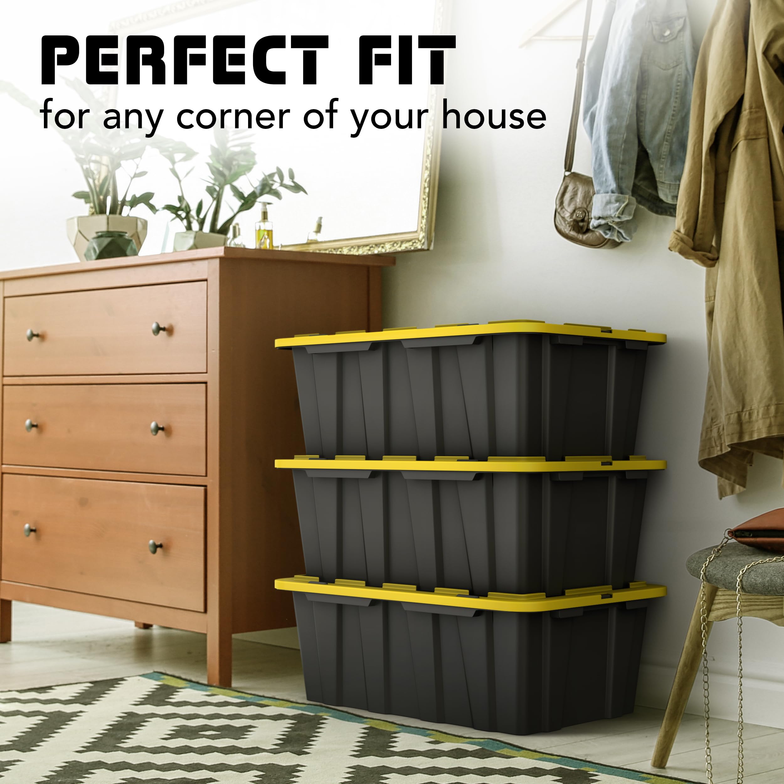 8-Pack Medium 12-Gallon Plastic Storage Bins with Secure Latching Lids - Stackable, Durable Clear Organizing Containers with Built-in Handles (Black & Yellow) - Perfect for Home, Garage, Office & Toy Organization