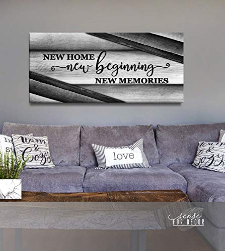Wooden Framed Canvas Wall Art - Sense of Art New Home New Beginnings V15 - Rustic Religious Home Decor for Living Room, Housewarming Gift (Grey, 60x27 inches) - Perfect for Farmhouse, Apartment & Office Decor