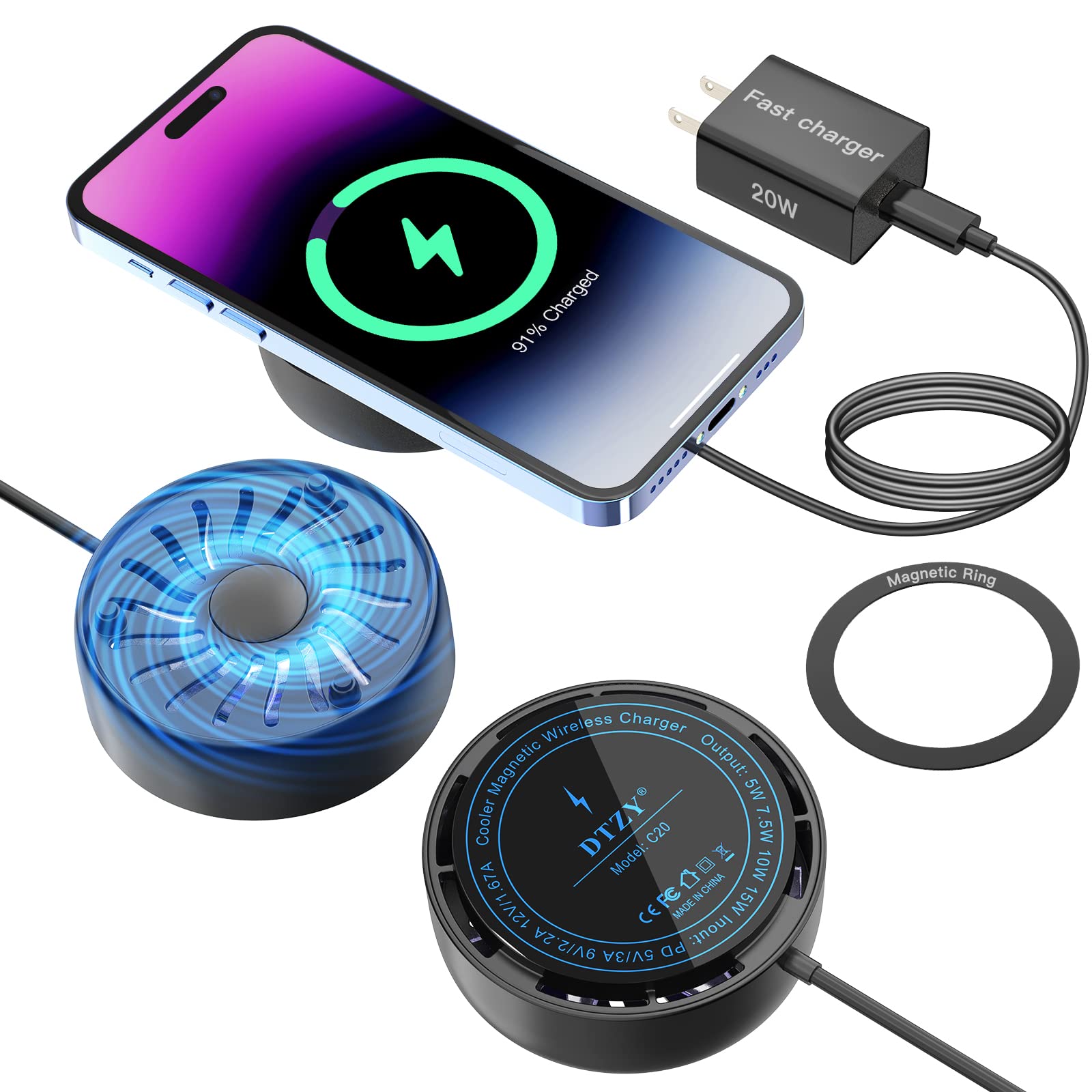 DTZY 15W Magnetic Wireless Charger & Phone Cooler - Fast Wireless Charging Compatible with iPhone 14/13/12 Series, Magsafe Charging for Gaming, Video Live Streaming & Phone Cooling | Perfect for Gaming Sessions, Work Calls & Daily Use