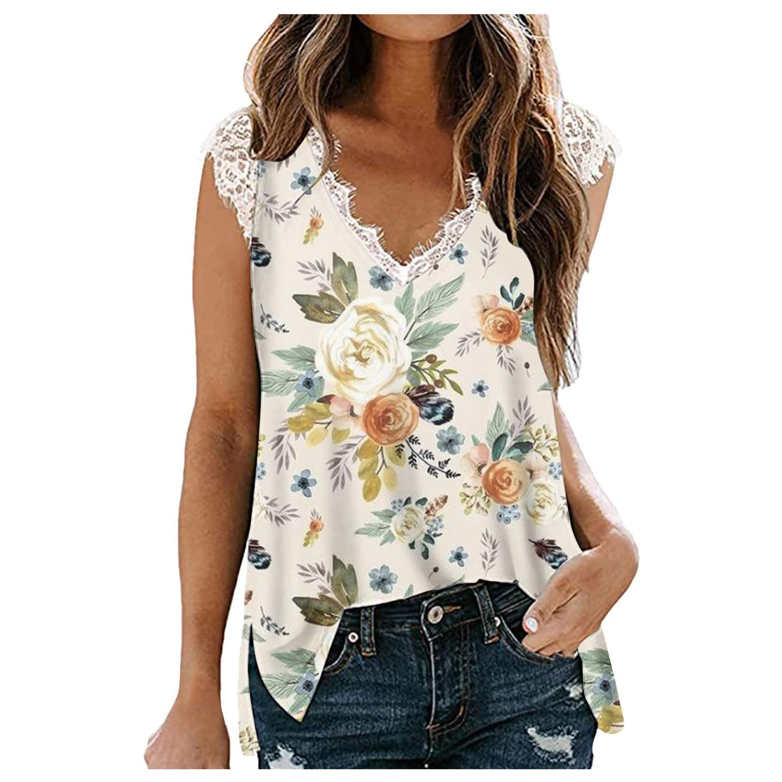 Women's Floral Print Sleeveless Lace Tank Top - Summer Casual Slim Fit Vest for Beach, Party & Daily Wear