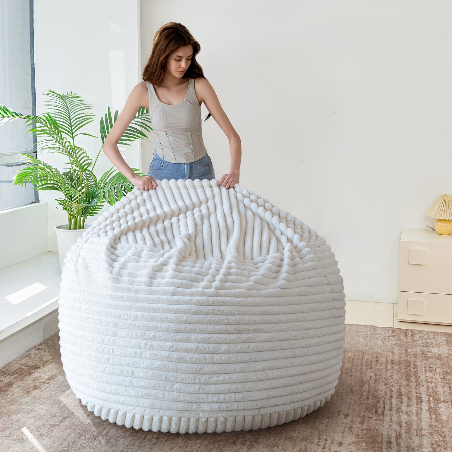 MAXYOYO Giant Bean Bag Chair Bed - Striped Faux Fur Convertible Sofa Bed for Adults & Kids, Beige - Perfect for Living Room, Bedroom, Dorm & Game Room Relaxation