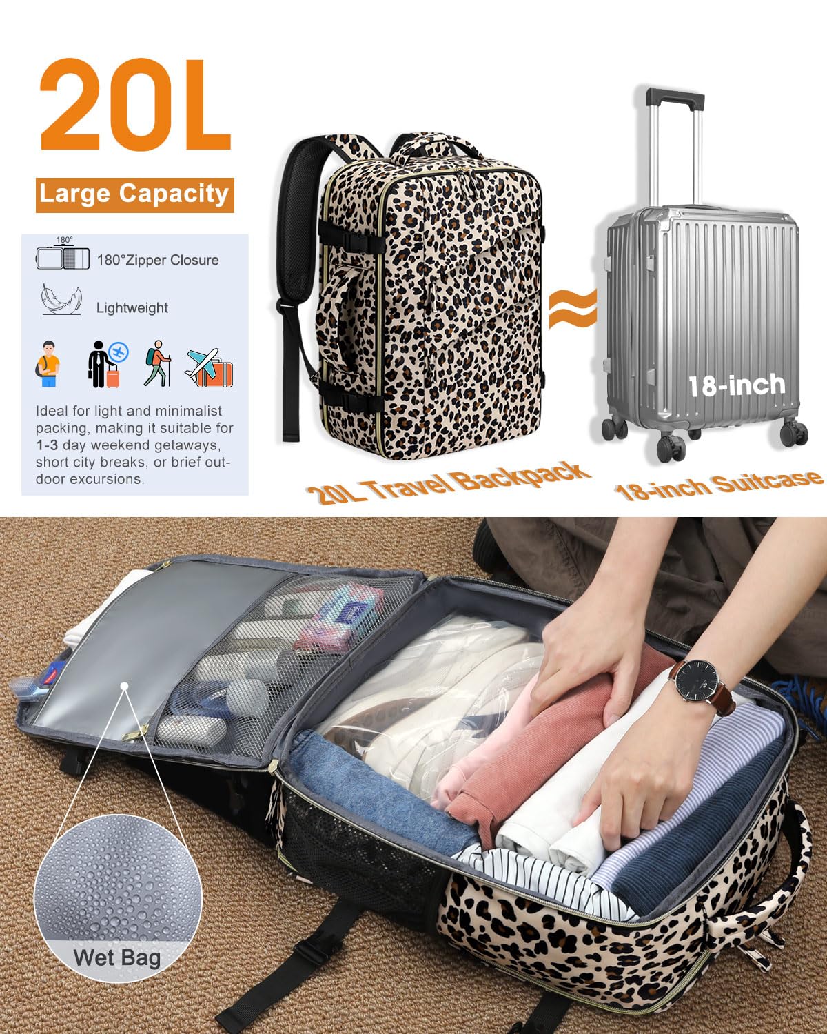 Capolo Waterproof Travel Backpack for Women & Men - Flight Approved Carry On Backpack with Laptop Compartment (Fits 15.6 Inch Laptop) - Durable Leopard Print College Bookbag for Business, Work & Weekend Trips - Perfect for Commuting, Air Travel & Daily Office Use